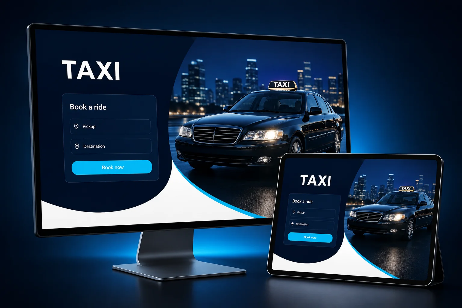 Example taxi booking website displayed on a desktop computer and tablet