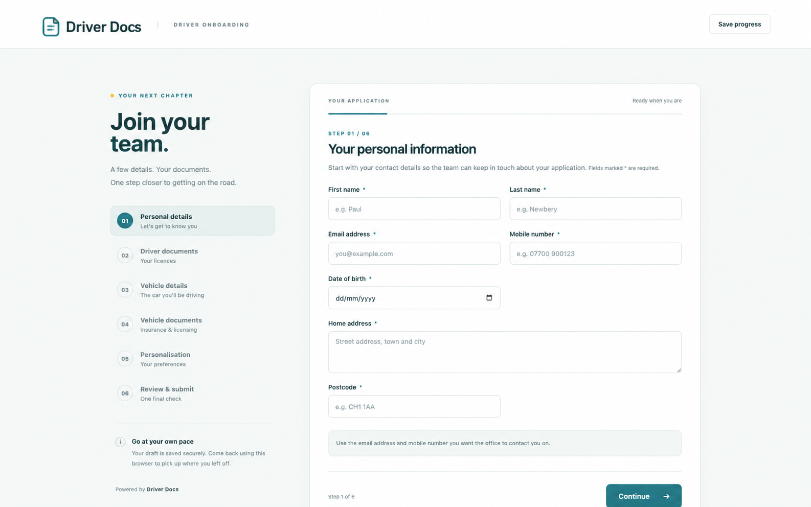 Driver Docs branded driver application showing the six-stage signup process